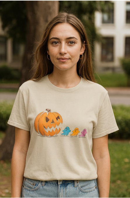 Halloween Pumpkin & Ghosts Unisex Heavy Cotton Tee, Cute Fall Shirt, Spooky Spirit Wear, Halloween Costume Top, Autumn Vibes Tee
