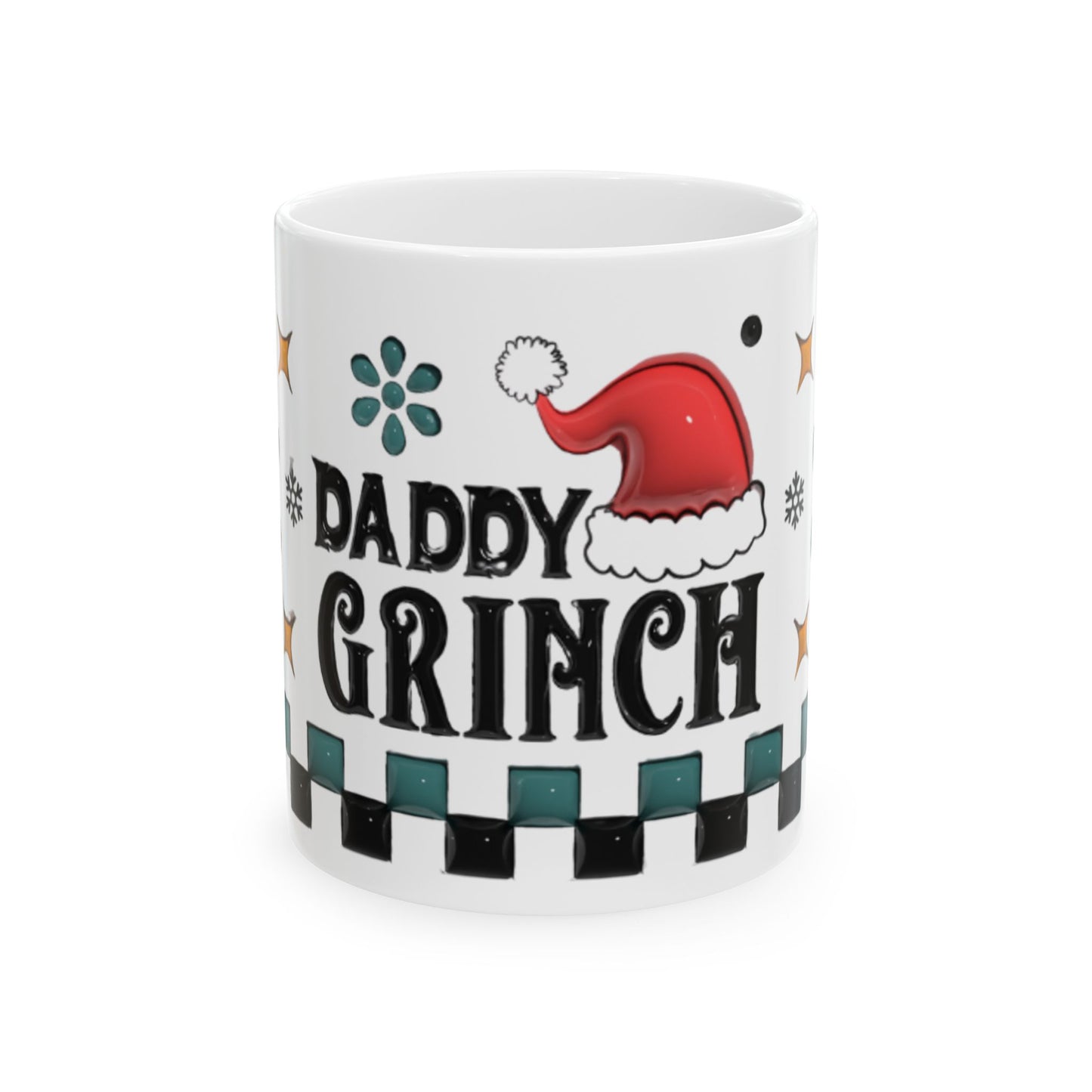 Daddy Grinch Mug, Funny Christmas Coffee Cup, Santa Hat Grinch Mug for Dad, Checker Retro Holiday Mug, Xmas Gift for Him Husband