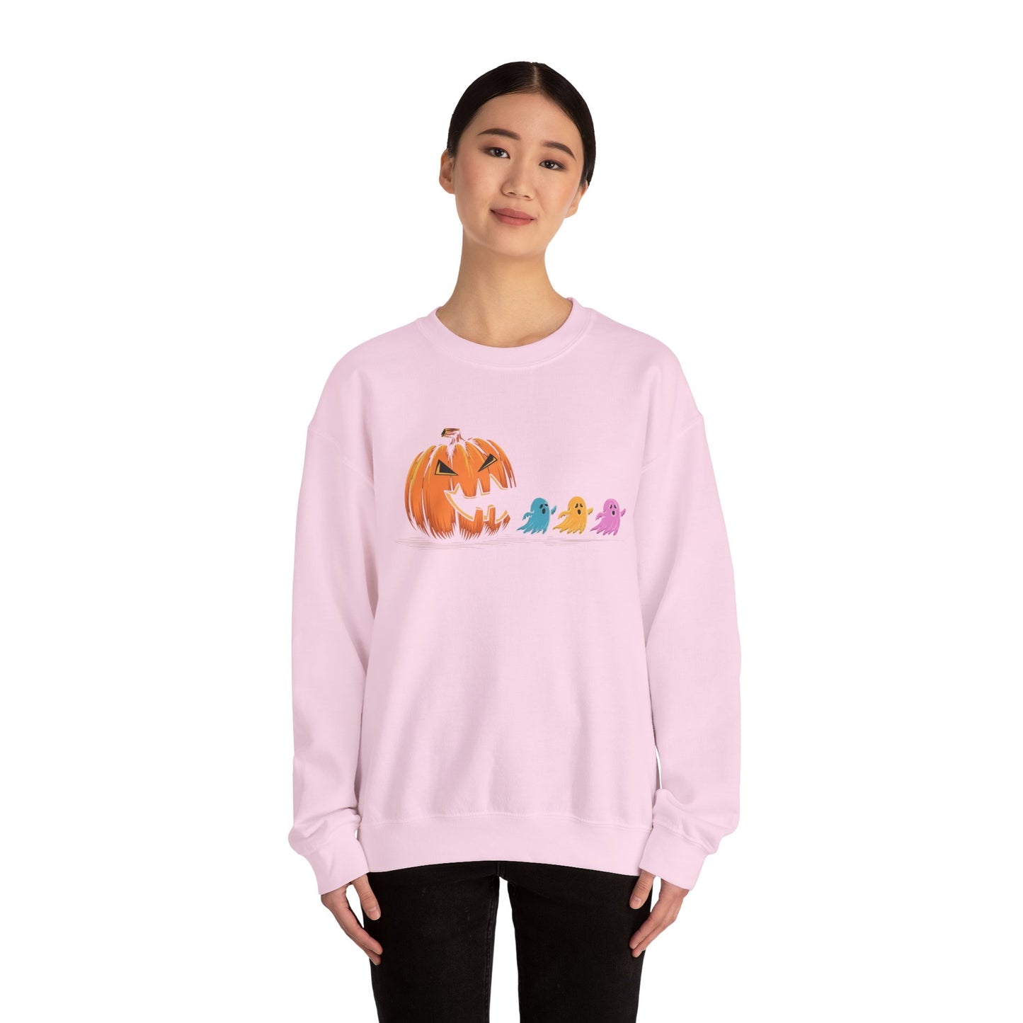 Halloween Ghost & Pumpkin Crewneck Sweatshirt, Unisex Fall Apparel, Cozy Sweatshirt, Halloween Gift, Seasonal Fashion