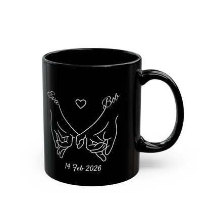 Holding Hands Couple Mug | Personalized Names & Date Black Coffee Cup | Custom Line Art Mug | Valentine Anniversary Gift for Couples