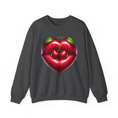 Heart Cherry Lips Sweatshirt, Cherry Face Graphic Crewneck, Cute Aesthetic Sweatshirt, Retro Pop Art Pullover, Unisex Cozy Top
