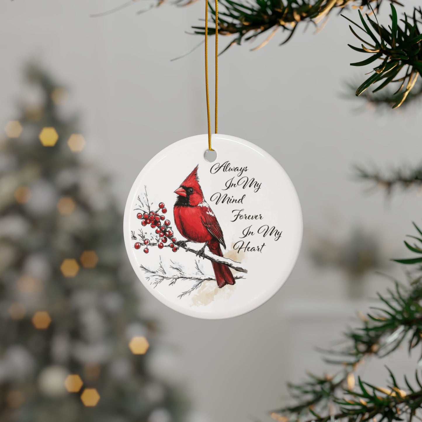 Red Cardinal Memorial Ornament, Double-Sided Ceramic Cardinal Decoration, Cardinal in Winter Ornament, Remembrance Christmas Gift