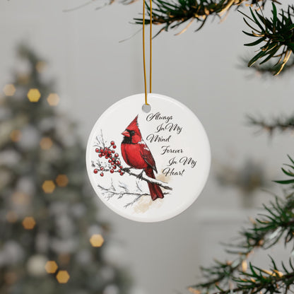 Red Cardinal Memorial Ornament, Double-Sided Ceramic Cardinal Decoration, Cardinal in Winter Ornament, Remembrance Christmas Gift