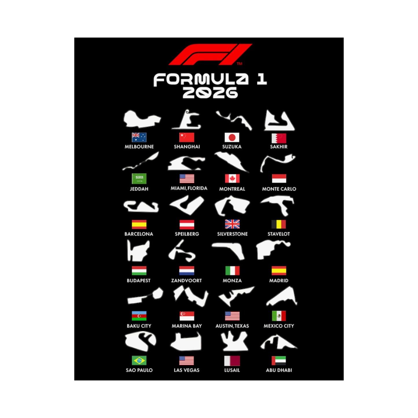 Formula 1 2026 Track Map Poster, F1 Circuits Silhouette Wall Art, Motorsport Racing Print, Racing Fan Gift, Garage Decor