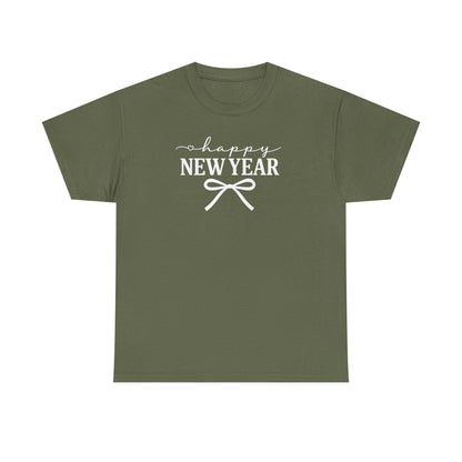 Happy New Year Bow T-Shirt, Minimalist New Year Typography Tee, Holiday Graphic Shirt, New Year's Eve Outfit, Casual Festive Top