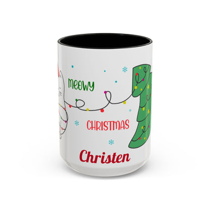 Personalized Meowy Christmas Accent Mug, Funny Holiday Coffee Cup, Cat Lover Gift, Festive Drinkware, Christmas Decor, Personalized Mug