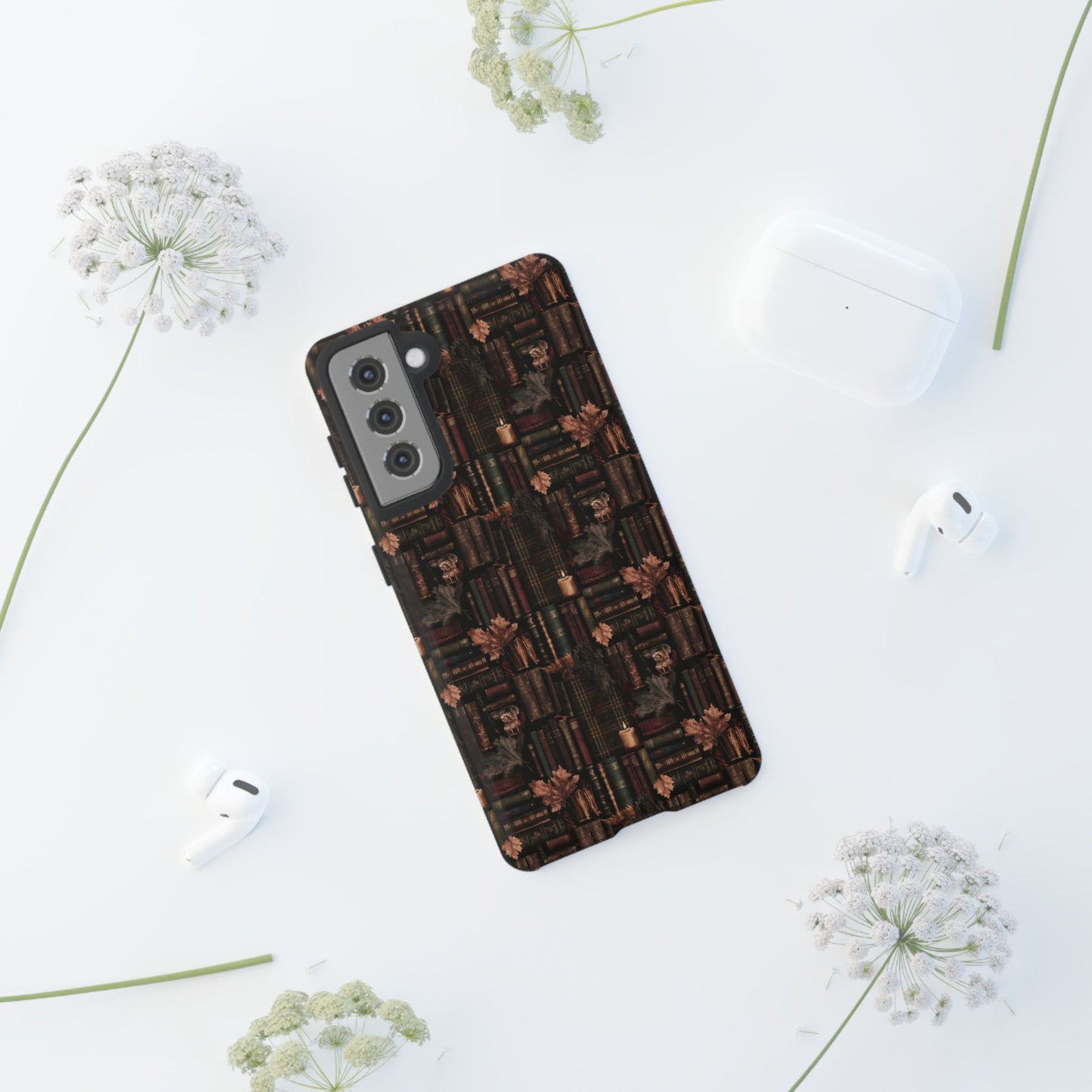 Gothic Phone Case Dark Academia Literary iPhone Samsung Cover with Books & Flowers, Phone case