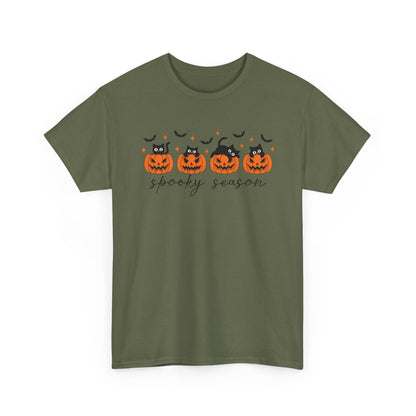 Spooky Season Unisex Heavy Cotton Tee, Halloween Shirt, Fall Apparel, Pumpkin T-Shirt, Cat Lover Gift, Pumpkin Tee