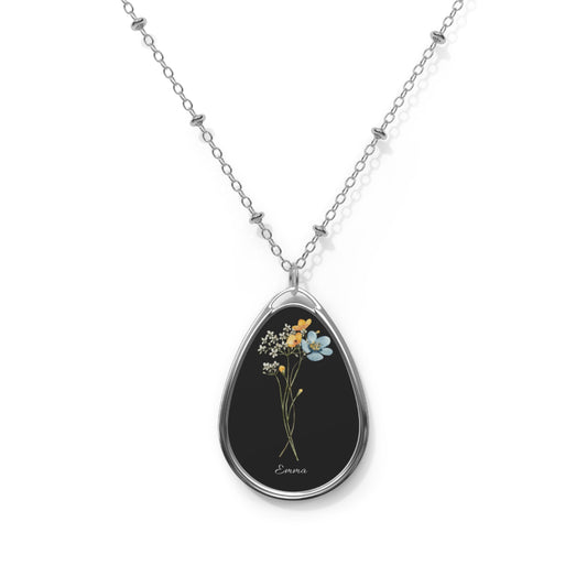 Personalized Name Floral Necklace, Custom Flower Pendant, Engraved Oval Pendant Necklace, Bridal Jewelry, Anniversary Gift, Gift for Her