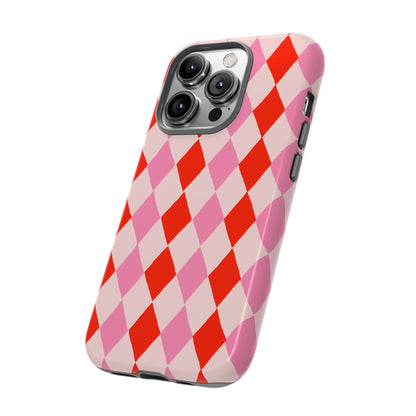 Tough Cases with Red Pink Diamonds, Retro Checkerboard iPhone Case And Samsung Case, Slim Fit Phone Case, Stylish Gift