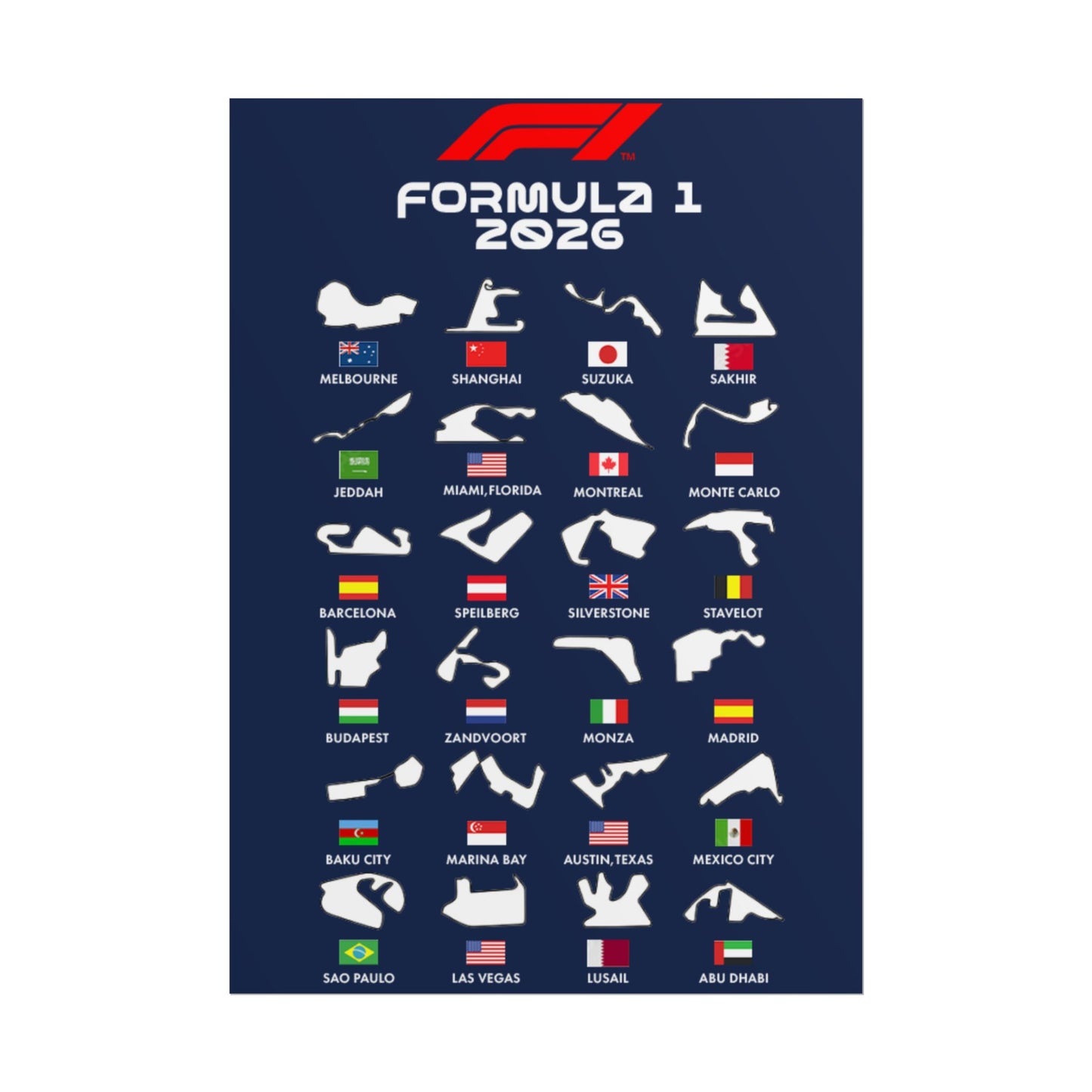 Formula 1 2026 Track Silhouettes Poster, F1 Circuits Map Wall Art, Grand Prix Calendar Print, Motorsport Racing Decor, Rolled Poster