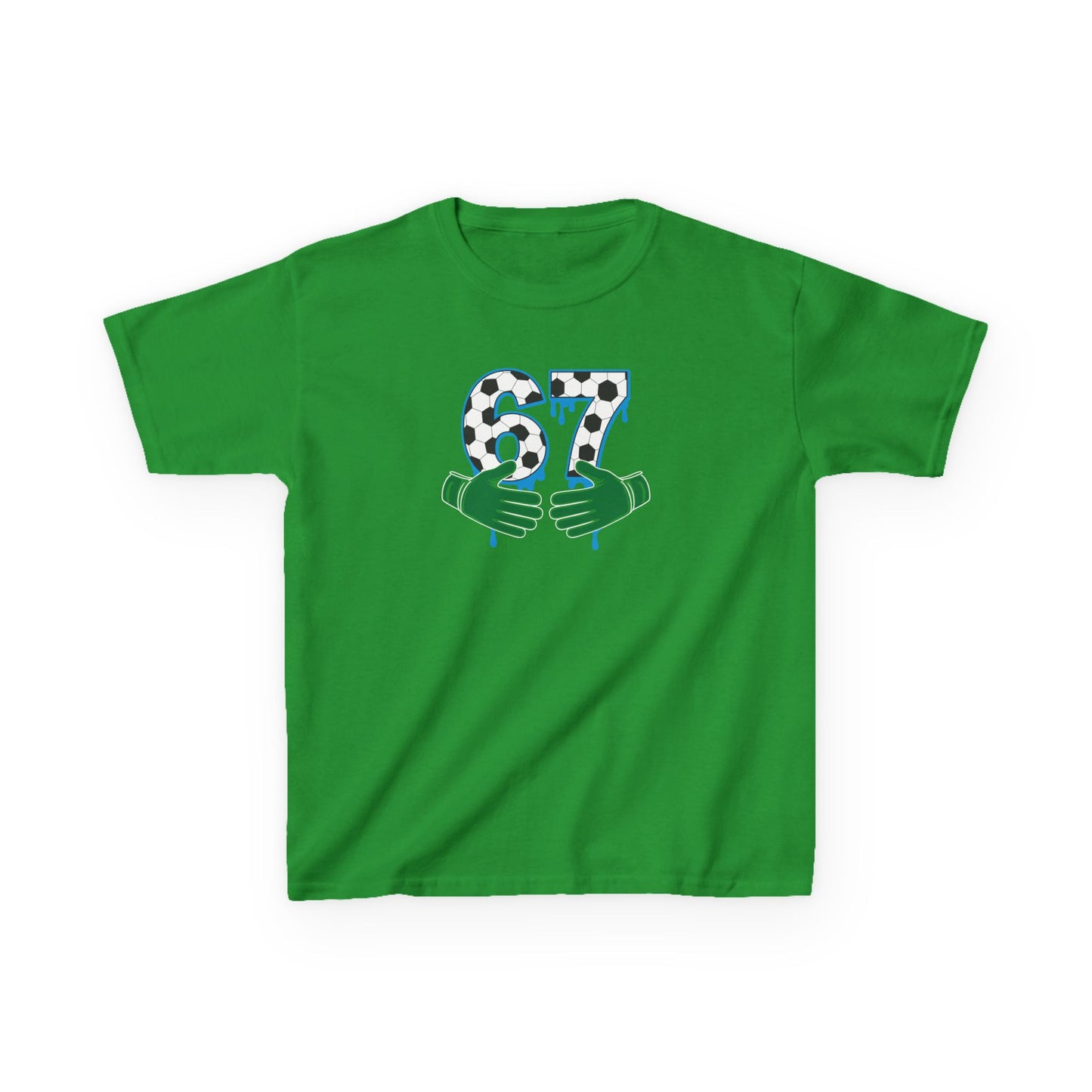 67 Number Design Kids T-Shirt, Green Hands Graphic Tee, Patterned Number Shirt for Boys Girls, Playful Kids Cotton Top, Soccer Lover Shirt