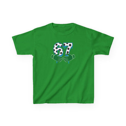 67 Number Design Kids T-Shirt, Green Hands Graphic Tee, Patterned Number Shirt for Boys Girls, Playful Kids Cotton Top, Soccer Lover Shirt