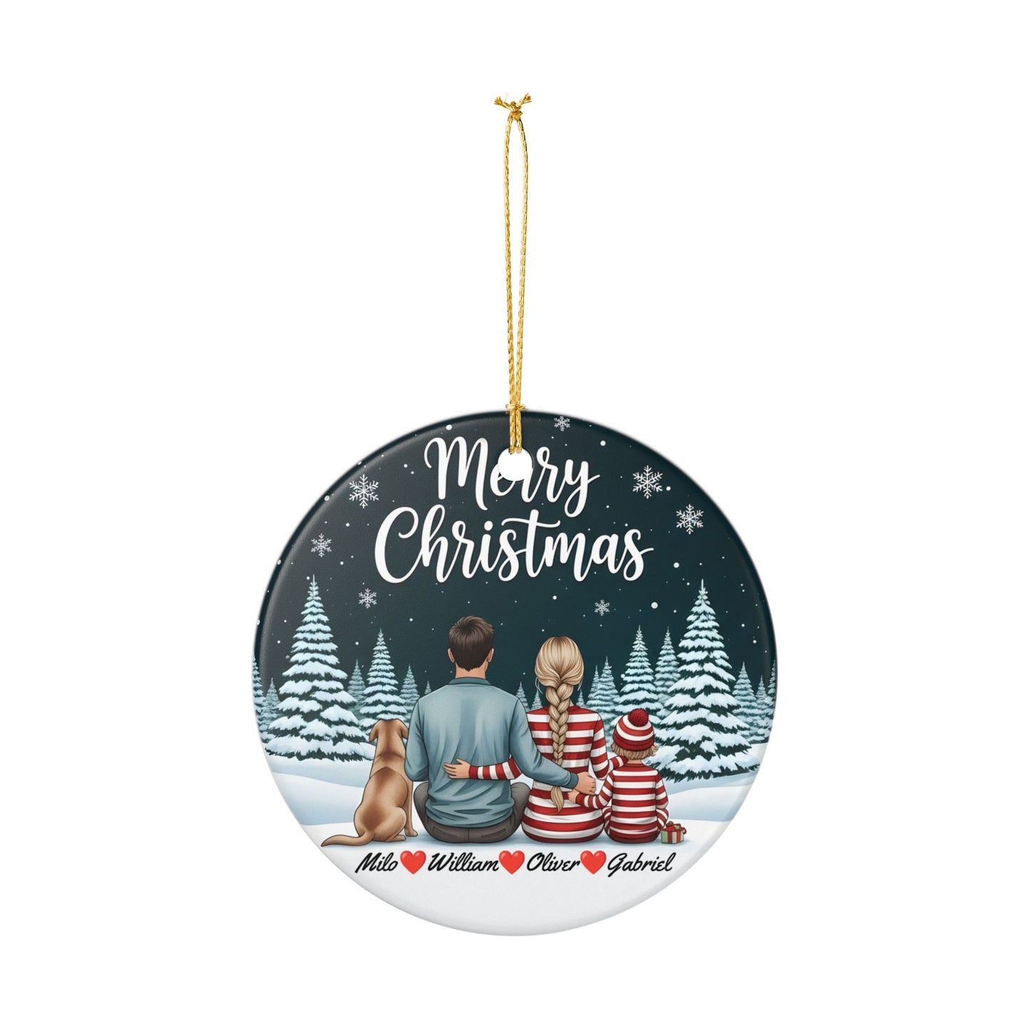 Personalized Merry Christmas Family Ornament, Custom Names, Snowy Winter Scene, Ceramic Keepsake
