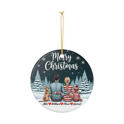 Personalized Merry Christmas Family Ornament, Custom Names, Snowy Winter Scene, Ceramic Keepsake