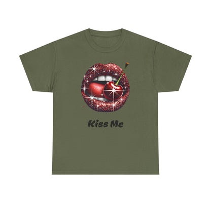 Glitter Lips Cherry Kiss Me Tee, Retro Pinup Graphic Shirt, Flirty Pop Art T-Shirt, Vintage Style Cotton Tee
