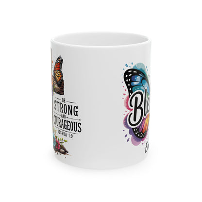 Blessed Butterfly Mug | Be Strong & Courageous Floral Ceramic Mug | Christmas Mug | Christmas Gift | Jesus Verse