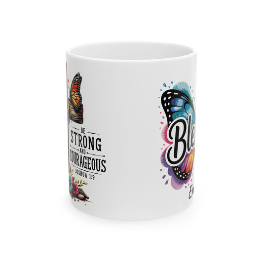 Blessed Butterfly Mug | Be Strong & Courageous Floral Ceramic Mug | Christmas Mug | Christmas Gift | Jesus Verse