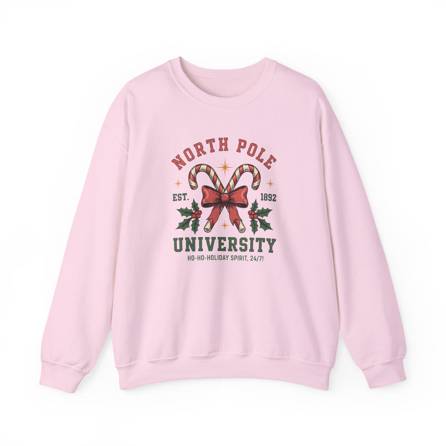 North Pole University Christmas Sweatshirt Candy Cane College Crewneck, Cute Christmas Sweater for Women, Cozy Winter Sweatshirt