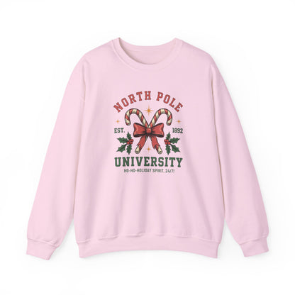North Pole University Christmas Sweatshirt Candy Cane College Crewneck, Cute Christmas Sweater for Women, Cozy Winter Sweatshirt