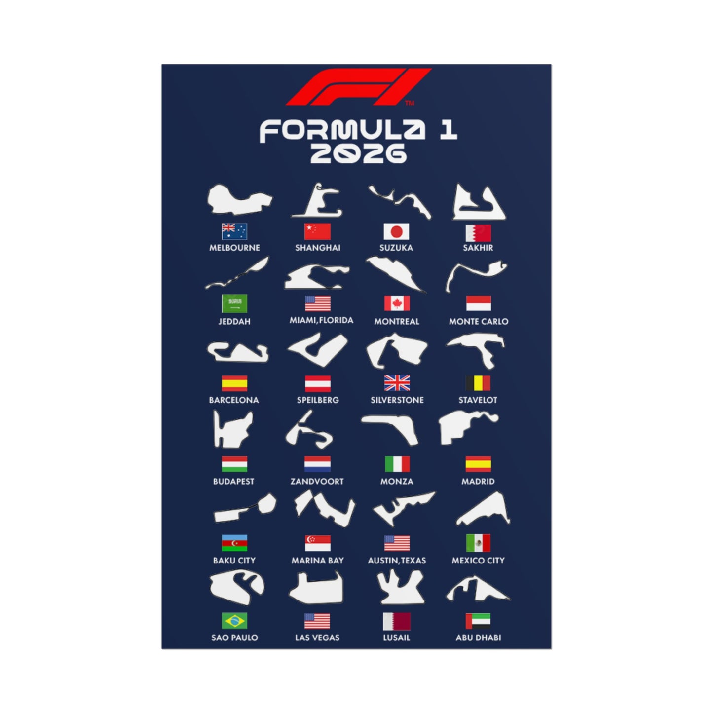 Formula 1 2026 Track Silhouettes Poster, F1 Circuits Map Wall Art, Grand Prix Calendar Print, Motorsport Racing Decor, Rolled Poster
