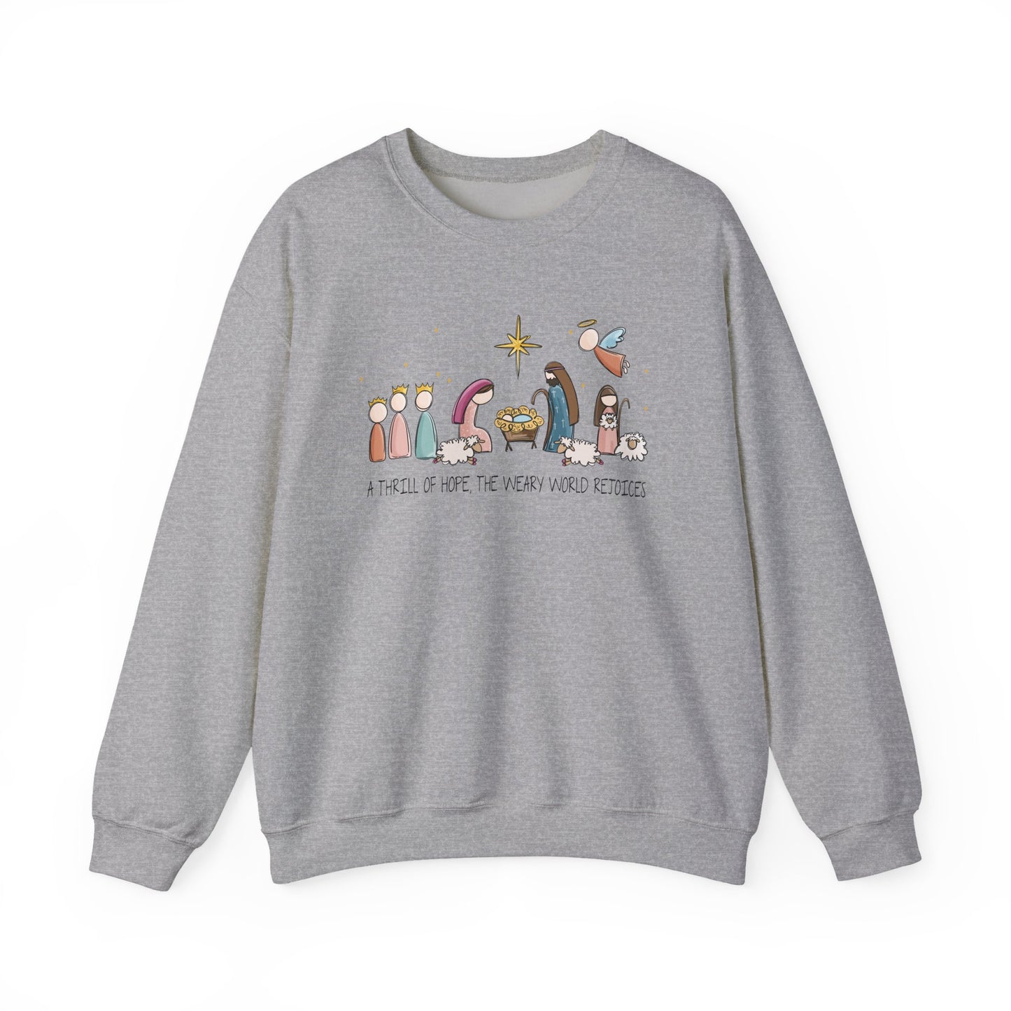 A Thrill Of Hope, the Weary World Rejoices Nativity Scene Illustration Crewneck Sweatshirt | Minimal Christmas
