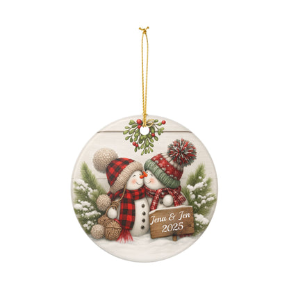 Kissing Snowmen Ornament, Personalized 2025 Christmas Ornament, Custom Name Ceramic Holiday Decoration, Couple Gift, Winter Keepsake