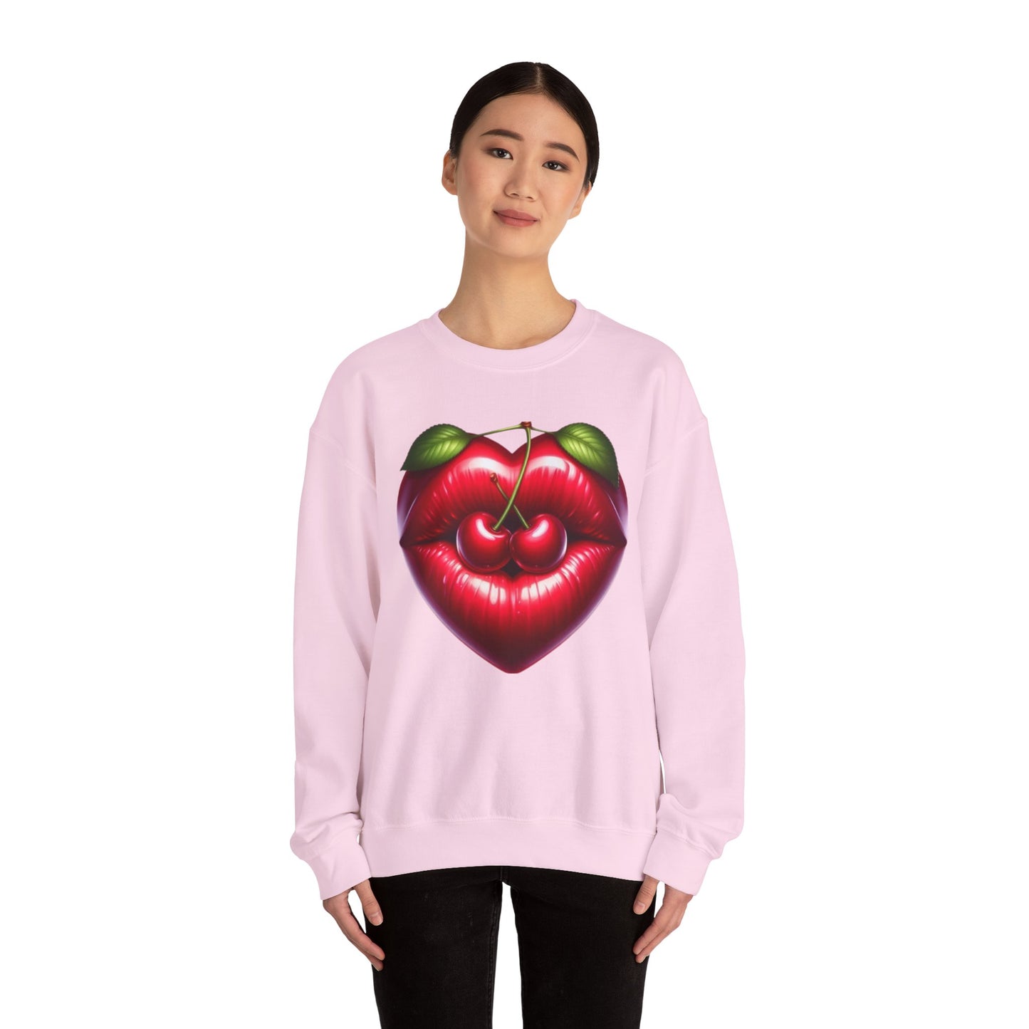 Heart Cherry Lips Sweatshirt, Cherry Face Graphic Crewneck, Cute Aesthetic Sweatshirt, Retro Pop Art Pullover, Unisex Cozy Top