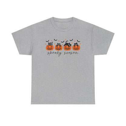 Spooky Season Unisex Heavy Cotton Tee, Halloween Shirt, Fall Apparel, Pumpkin T-Shirt, Cat Lover Gift, Pumpkin Tee