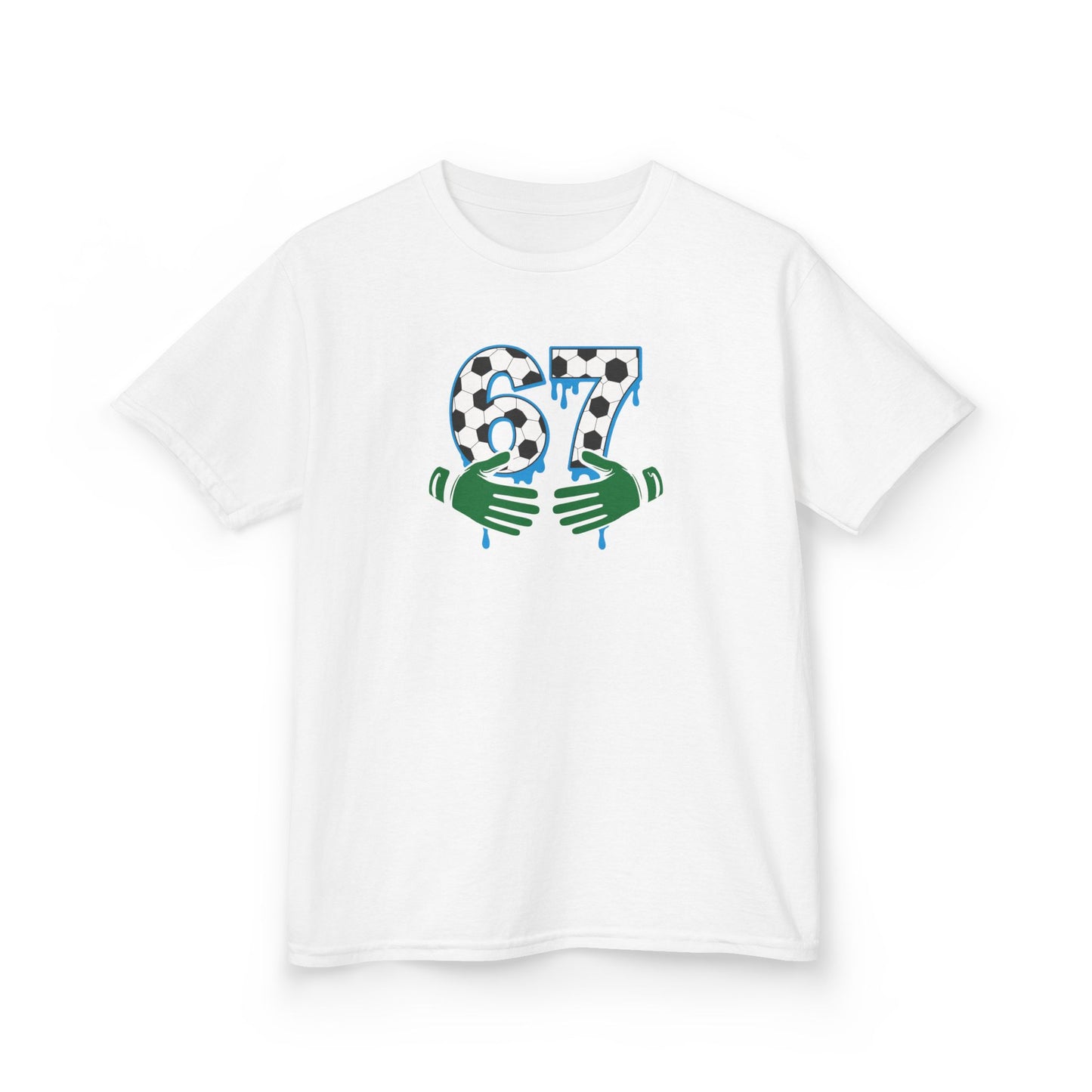 67 Number Design Kids T-Shirt, Green Hands Graphic Tee, Patterned Number Shirt for Boys Girls, Playful Kids Cotton Top, Soccer Lover Shirt