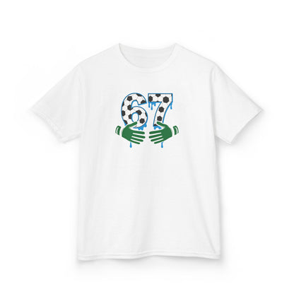 67 Number Design Kids T-Shirt, Green Hands Graphic Tee, Patterned Number Shirt for Boys Girls, Playful Kids Cotton Top, Soccer Lover Shirt