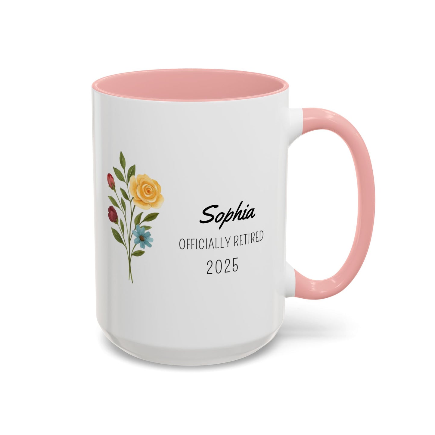 Personalized Retirement Coffee Mug, Floral Design, Gift for Retirees, Custom Name Mug, Celebration Drinkware, Retirement Day Gift