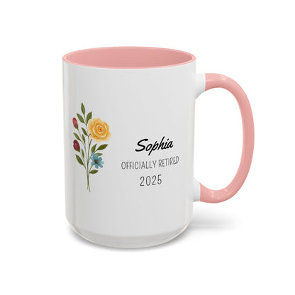 Personalized Retirement Coffee Mug, Floral Design, Gift for Retirees, Custom Name Mug, Celebration Drinkware, Retirement Day Gift