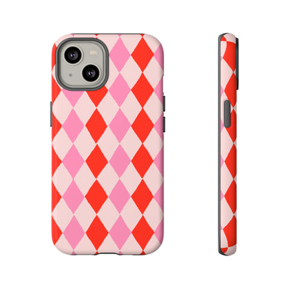 Tough Cases with Red Pink Diamonds, Retro Checkerboard iPhone Case And Samsung Case, Slim Fit Phone Case, Stylish Gift