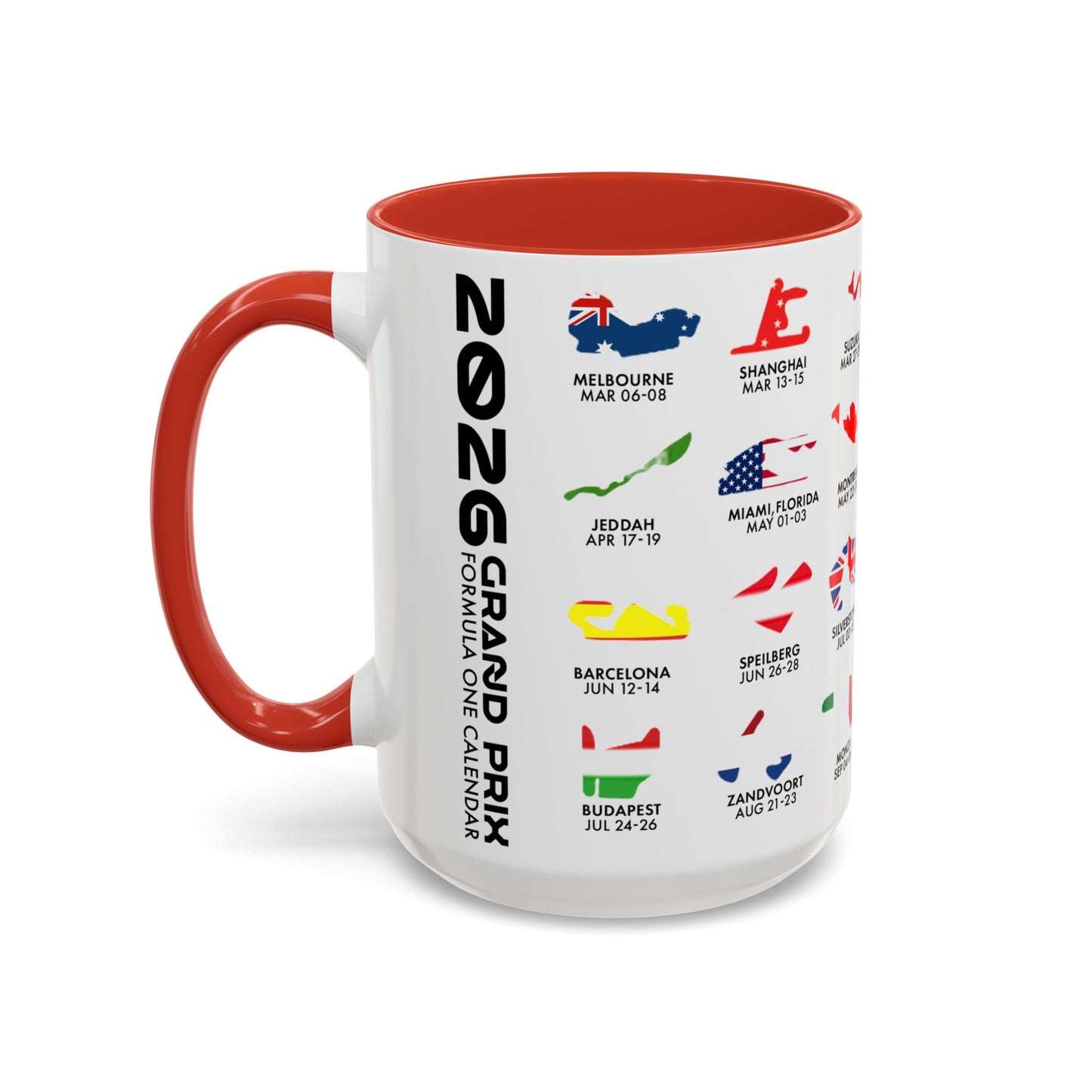 2026 Grand Prix Calendar Mug, Formula 1 Accent Coffee Mug, F1 Circuit Icons Cup, Motorsport Fan Gift, Racing Calendar Ceramic Mug