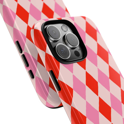 Tough Cases with Red Pink Diamonds, Retro Checkerboard iPhone Case And Samsung Case, Slim Fit Phone Case, Stylish Gift