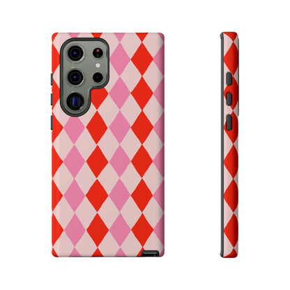 Tough Cases with Red Pink Diamonds, Retro Checkerboard iPhone Case And Samsung Case, Slim Fit Phone Case, Stylish Gift