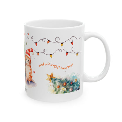 Personalized Christmas Cat Ceramic Mug, Custom Pet Lover Gift, Holiday Coffee Cup, Cute Feline Decor, Family Gift, Winter Celebration