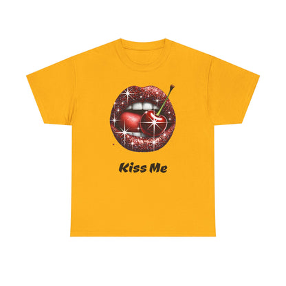 Glitter Lips Cherry Kiss Me Tee, Retro Pinup Graphic Shirt, Flirty Pop Art T-Shirt, Vintage Style Cotton Tee