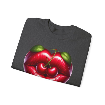 Heart Cherry Lips Sweatshirt, Cherry Face Graphic Crewneck, Cute Aesthetic Sweatshirt, Retro Pop Art Pullover, Unisex Cozy Top
