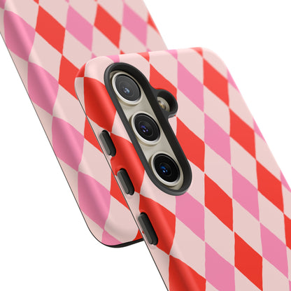 Tough Cases with Red Pink Diamonds, Retro Checkerboard iPhone Case And Samsung Case, Slim Fit Phone Case, Stylish Gift