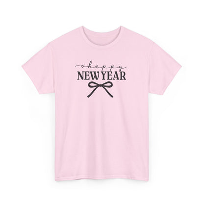 Happy New Year Bow T-Shirt, Minimalist New Year Typography Tee, Holiday Graphic Shirt, New Year's Eve Outfit, Casual Festive Top