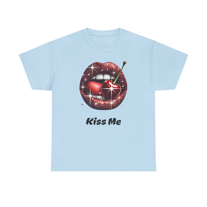 Glitter Lips Cherry Kiss Me Tee, Retro Pinup Graphic Shirt, Flirty Pop Art T-Shirt, Vintage Style Cotton Tee