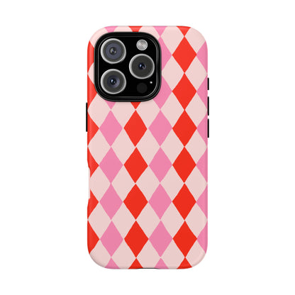 Tough Cases with Red Pink Diamonds, Retro Checkerboard iPhone Case And Samsung Case, Slim Fit Phone Case, Stylish Gift