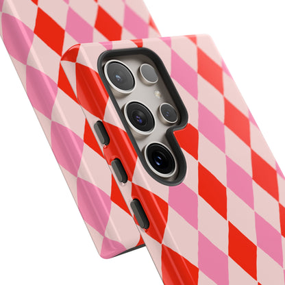 Tough Cases with Red Pink Diamonds, Retro Checkerboard iPhone Case And Samsung Case, Slim Fit Phone Case, Stylish Gift