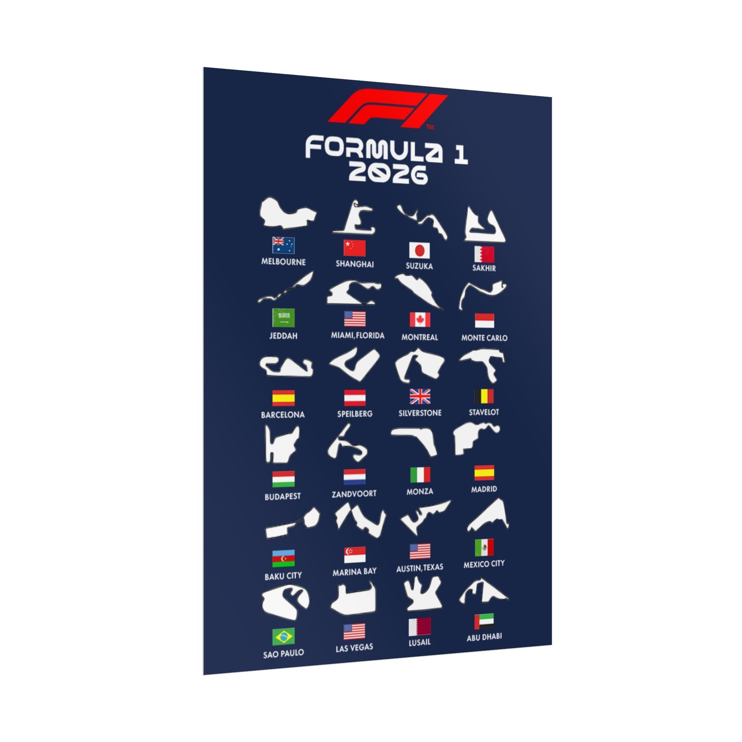Formula 1 2026 Track Silhouettes Poster, F1 Circuits Map Wall Art, Grand Prix Calendar Print, Motorsport Racing Decor, Rolled Poster