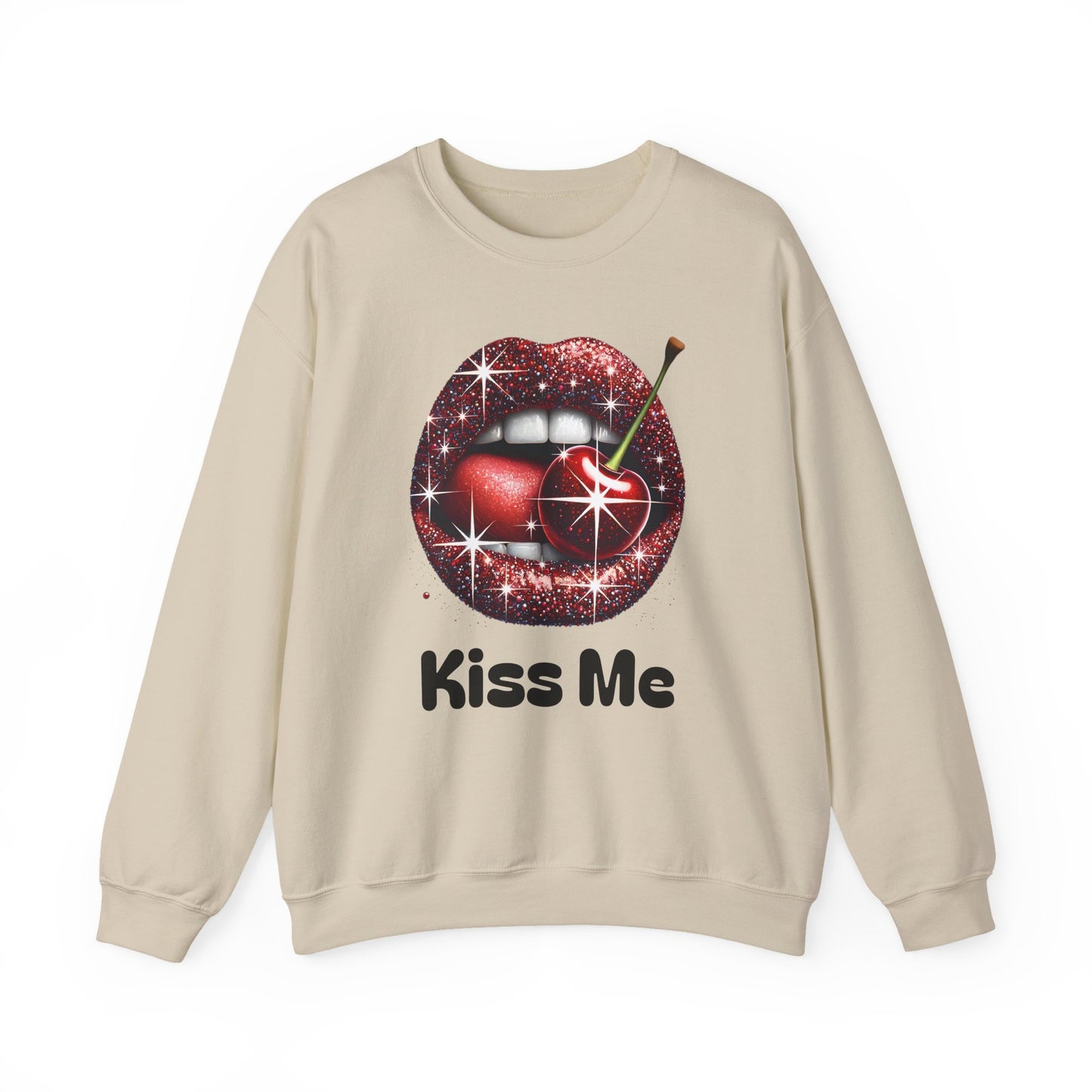 Cherry Kiss Me Sweatshirt, Glitter Lips Cherry Graphic Crewneck, Retro Pop Art Sweatshirt, Cute Flirty Pullover, Unisex Cozy Top