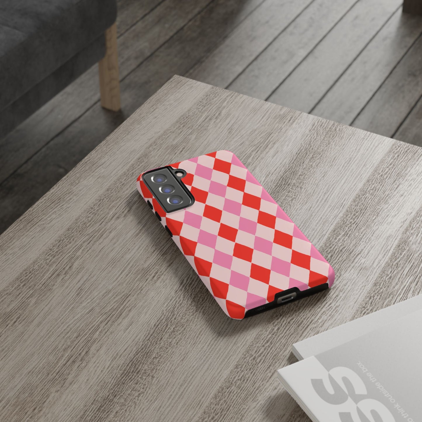 Tough Cases with Red Pink Diamonds, Retro Checkerboard iPhone Case And Samsung Case, Slim Fit Phone Case, Stylish Gift