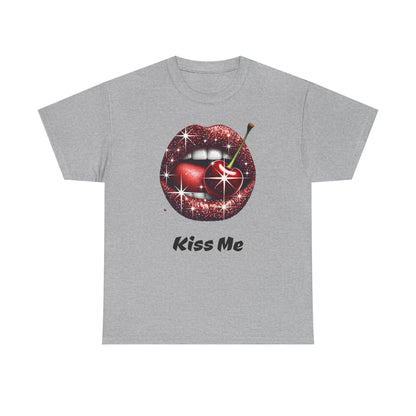 Glitter Lips Cherry Kiss Me Tee, Retro Pinup Graphic Shirt, Flirty Pop Art T-Shirt, Vintage Style Cotton Tee