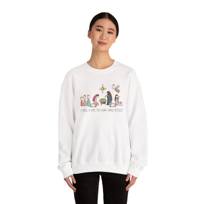 A Thrill Of Hope, the Weary World Rejoices Nativity Scene Illustration Crewneck Sweatshirt | Minimal Christmas